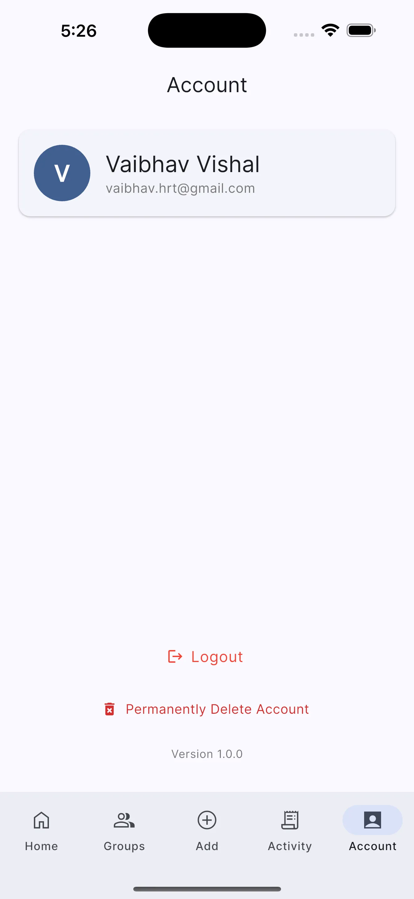 Account Settings Screen showing delete account option