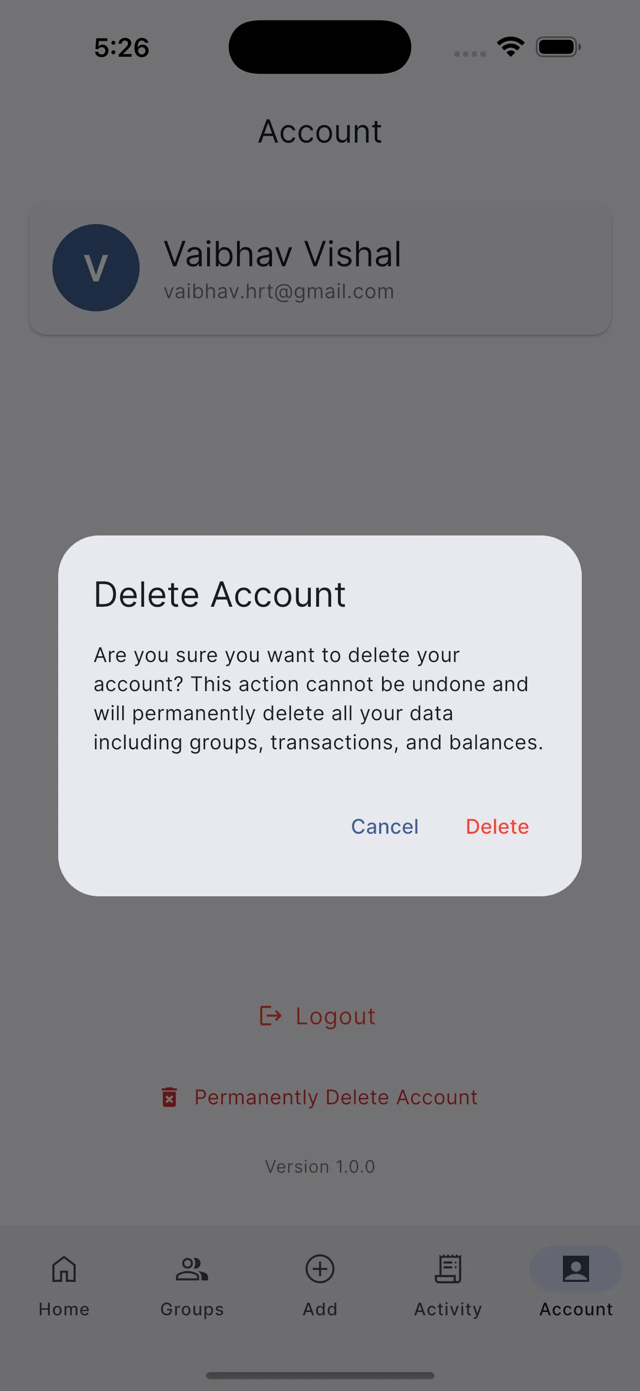 Confirmation dialog for account deletion